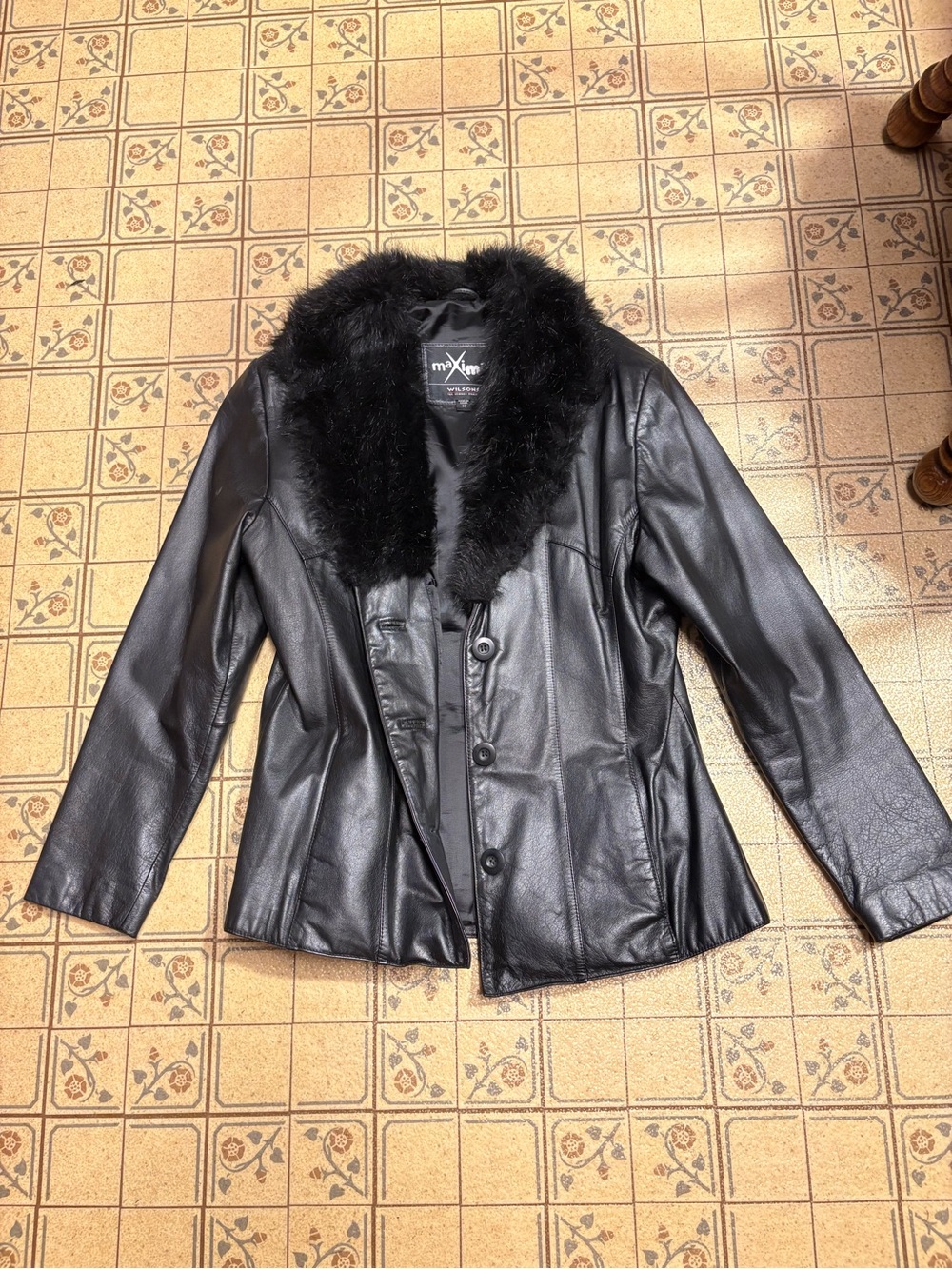 Maxima Black Faux Leather Jacket with Plush Black Fur Collar